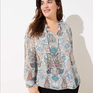 LOFT Blue Paisley Shirred Tie Neck Blouse